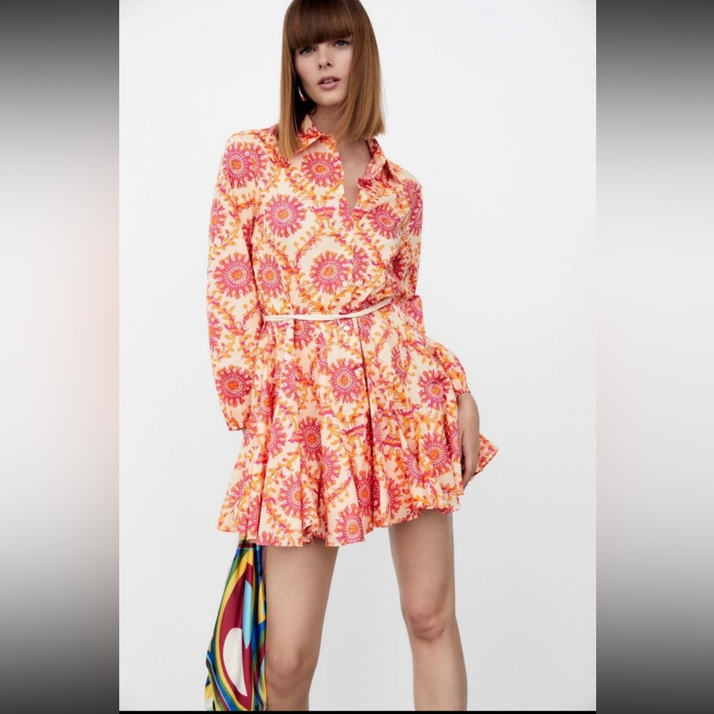 Zara Orange Pink Paisley Printed Mini Dress